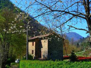 een oud stenen gebouw met een berg op de achtergrond bij Dreamy Cottage in Trebbio with Swimming Pool in Pescaglia
