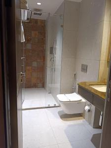 a bathroom with a shower and a toilet and a sink at The Bansara Royal in Kātoya
