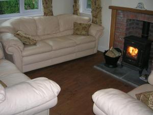 a living room with a couch and a fireplace at Bevan House in Llansaintfraed in Elvel
