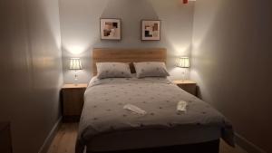 a bedroom with a large bed with two lamps at Apartment 1 at Busy Bee in Daingean