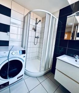 a bathroom with a shower and a washing machine at Ubytování Přimda in Přimda +56 photos
