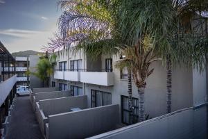 a building with palm trees on the side of it at Hillside Accommodation in Windhoek