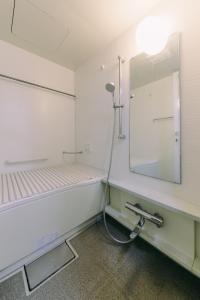 a bathroom with a shower and a mirror at Public Guest House in Karuizawa