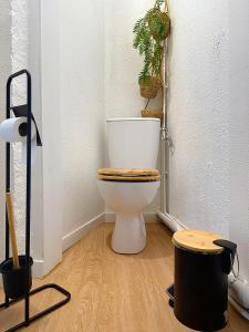 a bathroom with a toilet with a plant on the wall at Le Balcon des Rois in Dourdan +10 photos