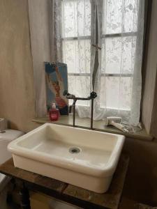 a white sink in a bathroom with a window at Ferienwohnung "Atelier_1" in Edenkoben