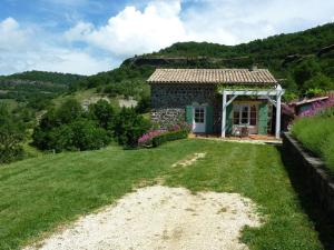 une petite maison sur une colline avec une cour verdoyante dans l'établissement Beautiful Holiday Home in Saint Pons, à Berzème