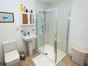 a bathroom with a shower and a toilet and a sink at Laurel Cottage - Ukc6256 in Linlithgow