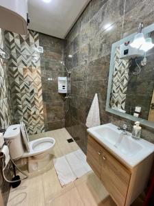 a bathroom with a toilet and a sink and a mirror at riad dar bassou in Adrouine