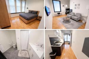 three different views of a living room and a living room at Pratt St Brand New Studio Loft Elevator Building in Hartford