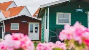 a green house with pink flowers in front of it at Hundested Havnehytter in Hundested