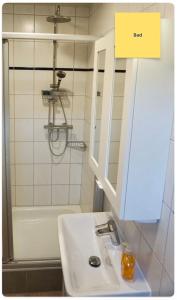 a bathroom with a sink and a mirror and a shower at Huus Negen in Neuharlingersiel +45 photos