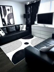 a living room with a couch and a television at Executive Suite-Business Edition in Zurich +31 photos