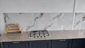 a kitchen with a stove and a counter top at kooshal Seetul Flacq Flat in Centre de Flacq