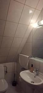 a white bathroom with a sink and a toilet at Willa Jordanówka in Czorsztyn