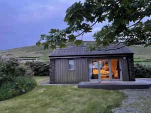 a small cabin with a large glass door in a field at Bosca Neadu in Dingle