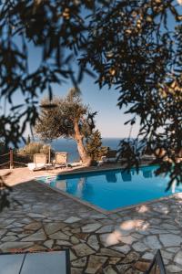 a swimming pool with two chairs and a tree at Sunset View Studios in Agios Nikitas
