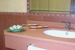 a bathroom with a sink, mirror, and soap dispenser at Hostal la Cepa in Aldeanueva de Ebro
