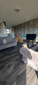 a living room with two couches and a tv at Rosehill Beach in Hemsby