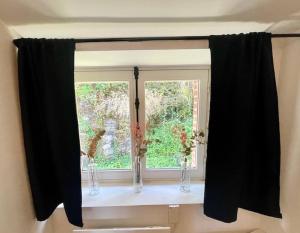 a window with black curtains and vases on a window sill at EasyHome 26 in Vitré