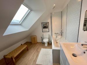 a attic bathroom with a toilet and a sink at AppartCosy 10 in Vitré +18 photos