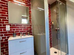 a bathroom with a red brick wall at EasyHome 23 in Vitré +7 photos