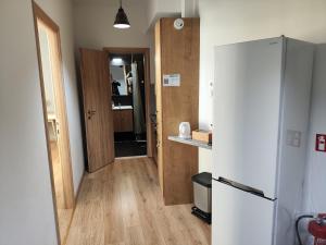 a kitchen with a refrigerator and a hallway at Ulysses Apartments Ermou in Athens