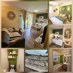 a collage of different pictures of a room at Le Trésor du Lac - Casteljaloux - Lac de Clarens - Appartement - Piscine - Parking - WIFI - Accès privée Plage - Golf - Casino - Terra Aventura - So Vélo in Casteljaloux