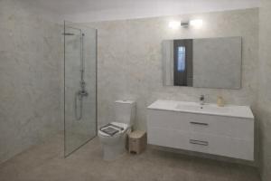 a bathroom with a toilet and a sink and a shower at Vassos Apartments in Lindos