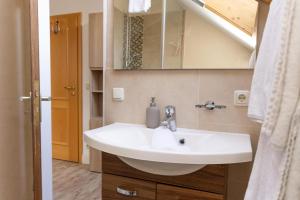a bathroom with a sink and a mirror at Ferienwohnungen Ruasers Ruah in Mittenwald +49 photos