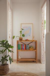 a book shelf with books and a plant in a room at Vivilanza Surfhouse in Costa Teguise