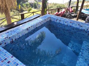 a blue tile swimming pool with a palm tree in the water at Boutique Chalet in Calheta in Arco da Calheta