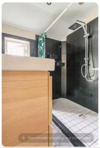 a bathroom with a sink and a shower with black tiles at Nijmegen Cozy Guest Rooms in Nijmegen