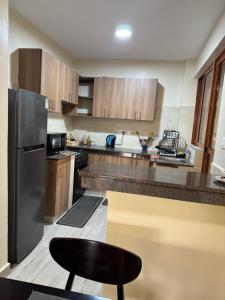 a kitchen with a stainless steel refrigerator and wooden cabinets at Raha Home within Nakuru CBD with pool and gym in Nakuru