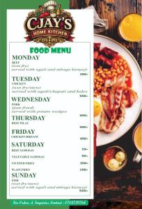 a menu for the cats home kitchen with a plate of food at Hideout in Kisumu
