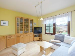 ein Wohnzimmer mit einem Sofa und einem TV in der Unterkunft Beautiful apartment in the Harz with terrace in Ballenstedt