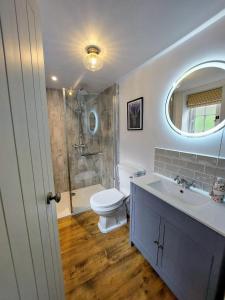 a bathroom with a toilet and a sink and a shower at The Pack Horse Exmoor National Park Allerford Riverside Cottage & Apartments in Minehead +87 photos