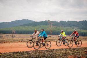 a group of people riding bikes on a dirt road at Mlilwane Game Sanctuary in Lobamba +72 photos