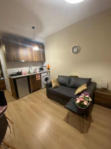 a living room with a couch and a kitchen at studio in Itʼkhvisi