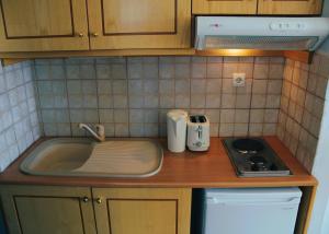 a kitchen counter with a sink and a stove at Maistrali Studios Skiathos in Koukounaries