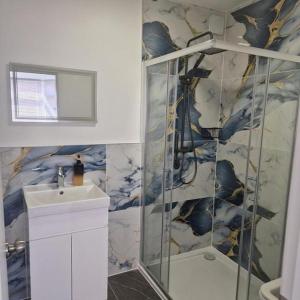 a bathroom with a shower and a sink at Albion's House in Luton +52 photos