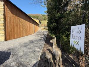 a sign with three llama statues next to a building at Eh ma biche in Stoumont