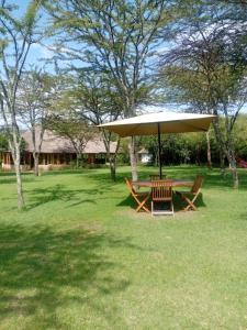 a picnic table with an umbrella in the grass at Maasai Wild Adventure in Gatunga