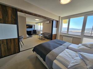 a bedroom with a large bed and a flat screen tv at Ośrodek Uzdrowiskowy Biawena in Wysowa-Zdrój