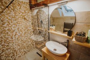 a bathroom with a sink and a shower with a mirror at Equus Silvania in Şinca Nouă +82 photos