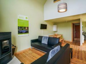 a living room with a black couch and a fireplace at Jupiter 1 - Uk50471 in Greenhaugh
