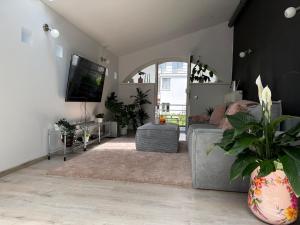 a living room with a couch and a tv at Chez JAJA in Malmedy