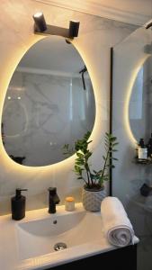 a bathroom with a sink with a mirror and a plant at Irène House in Egina +3 photos