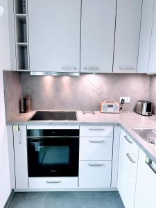 a kitchen with white cabinets and a black oven at FeWo RoSi SN in Schwerin