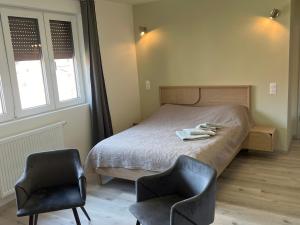 a bedroom with a bed and two chairs at Aux cigogneaux in Guémar