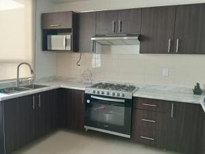 a kitchen with a stove and a sink and cabinets at Modern and Cozy Home in Acayuca
